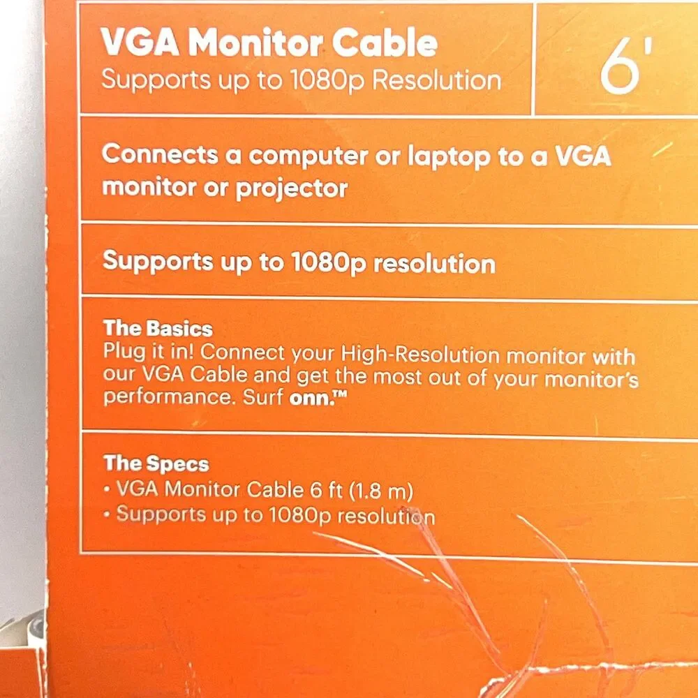 Onn VGA To VGA Cable, 6ft Connects PC To Monitor With 15-Pin VGA Port. Brand new